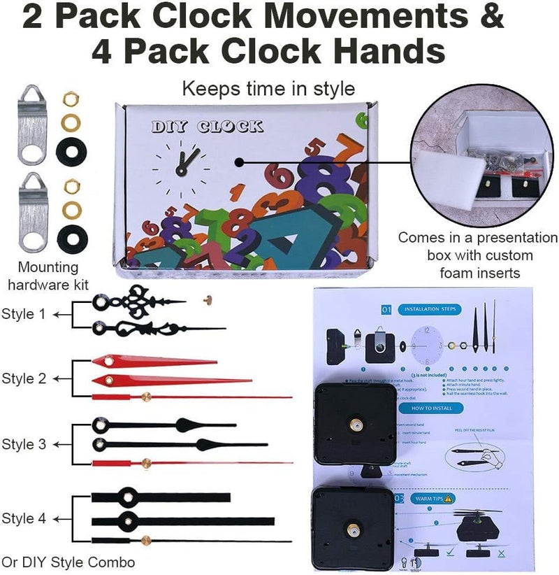 EMOON 2 Pack Wall Clock Movement Mechanism with 4 Pack Clock Hands, Silent Sweep Quartz Clock Motor Kit, for Clock Repair DIY Replacement, Custom Clock (Shaft Length 3/4 in) - Image 2